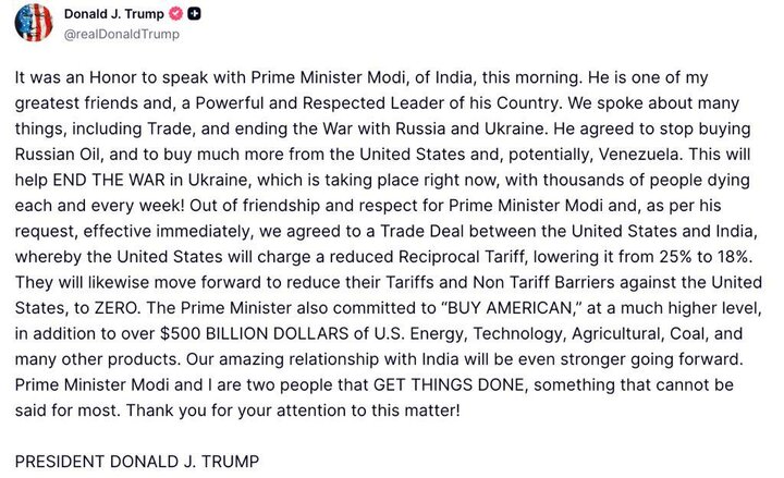 هند موافقت کرد از روسیه نفت نخرد؛ کاهش تعرفه دهلی‌نو به ۱۸ درصد